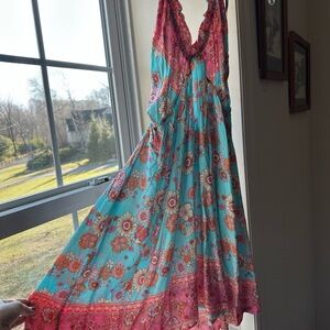 Cupshe Floral Backless Dress - Turquoise and Pink